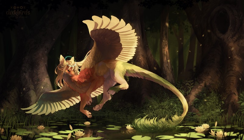 ambiguous_gender blonde_hair day detailed_background feathered_wings feathers feral forest fur grass hair outside plant solo tail tree water wings clockbirds mythology dragon feathered_dragon feathered_scalie furred_dragon furred_scalie mythological_creature mythological_scalie scalie 2018 digital_media_(artwork)