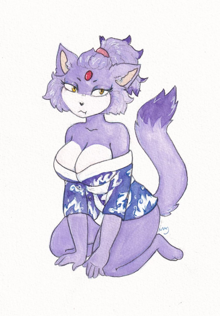 accessory anthro asian_clothing barefoot big_breasts breasts cleavage clothed clothing east_asian_clothing feet female forehead_gem gem hair_accessory hairband japanese_clothing kimono looking_at_viewer solo fawnography sega sonic_the_hedgehog_(series) blaze_the_cat felid feline mammal hi_res