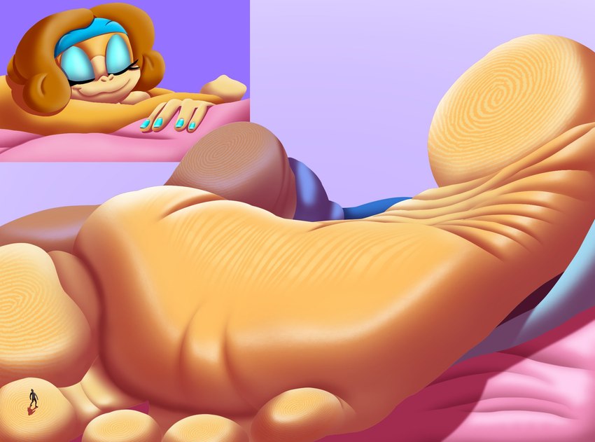 5_toes anthro bed duo extreme_size_difference feet female foot_fetish foot_focus foot_play furniture humanoid_feet male male/female micro plantigrade size_difference soles toes wrinkled_feet wrinkles chchellyme haplorhine humanoid mammal monkey primate hi_res