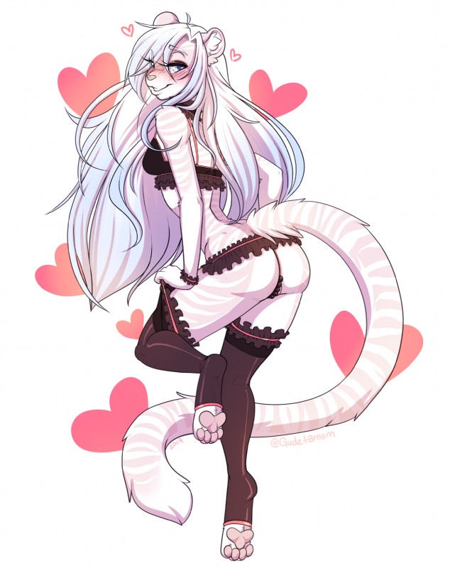 anthro blush bra butt clothing female heart_symbol legwear lingerie looking_at_viewer looking_back smile solo stockings tail underwear ryunwoofie lace_(accelo) felid feline mammal hi_res