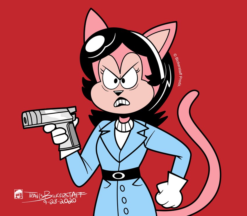 angry anthro belt black_belt black_hair black_nose blue_clothing blue_coat blue_topwear clothing coat eyelashes female fist frown fur gloves gun hair handgun handwear holding_gun holding_handgun holding_object holding_pistol holding_ranged_weapon holding_weapon narrowed_eyes pink_body pink_ears pink_face pink_fur pink_inner_ear pink_tail pistol raised_tail ranged_weapon red_background simple_background solo tail topwear trenchcoat two_tone_face weapon white_clothing white_gloves white_handwear bickpixx holly_richardson_(bickpixx) domestic_cat felid feline felis mammal 2020 digital_drawing_(artwork) digital_media_(artwork) half-length_portrait hi_res portrait signature