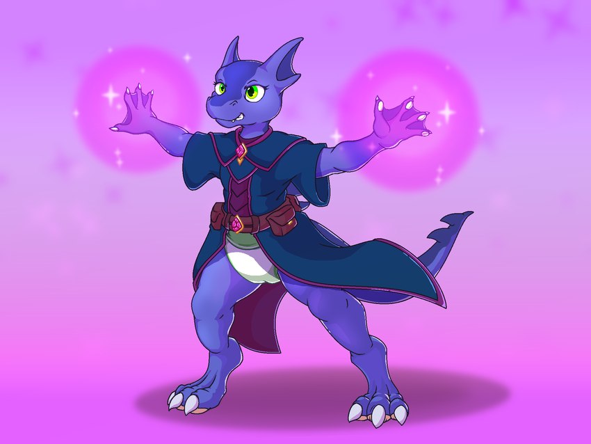 anthro casting_spell claws clothed clothing diaper digitigrade female grin magic magic_user robe smile solo standing teeth wearing_diaper yipthecoyotepup kobold scalie 4:3 hi_res