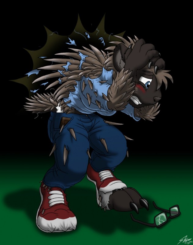 anthro blush claws clothing male pain quills_(anatomy) shocked solo spikes teeth torn_clothing transformation underwear catmonkshiro thrash eulipotyphlan hedgehog mammal werecreature wereeulipotyphlan werehog hi_res