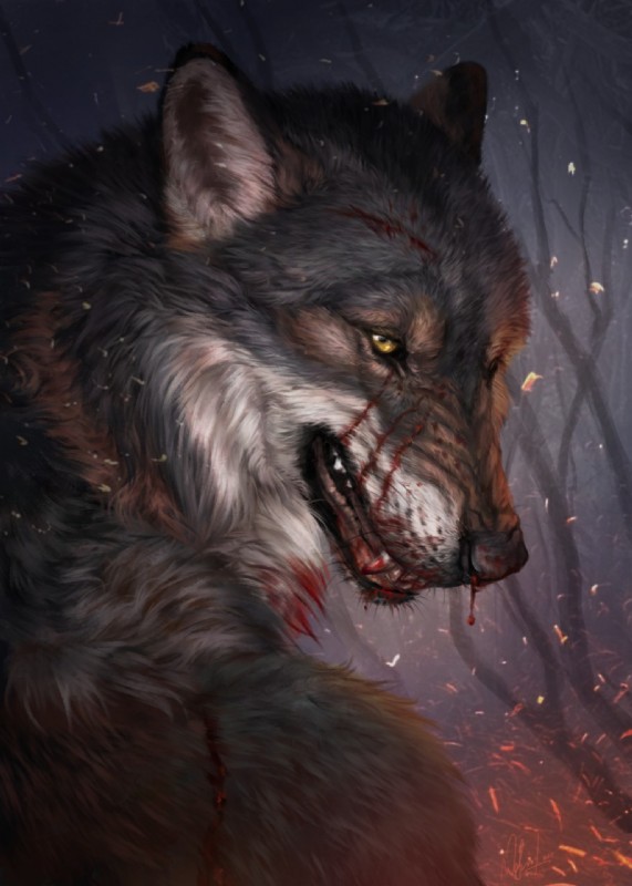 ambiguous_gender anthro black_body black_fur black_lips blood blood_in_mouth blood_on_face bodily_fluids detailed_background embers fire fur grey_body grey_fur lips looking_at_viewer looking_back nosebleed nude outside photorealism realistic solo teeth whiskers white_body white_fur yellow_eyes wolnir hero_(anoxias) canid canine canis mammal wolf bust_portrait digital_media_(artwork) hi_res portrait