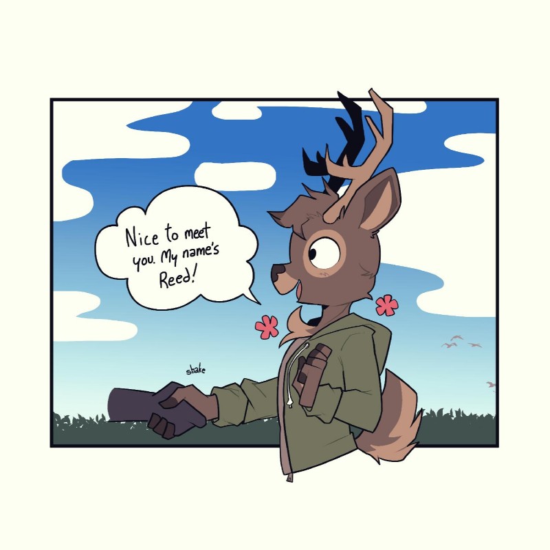 anthro antlers brown_body brown_fur clothing cloud dialogue disembodied_hand duo exclamation_point fur hoodie horn open_mouth open_smile outside side_view sky smile speech_bubble text topwear osmoru deer mammal 1:1 2019 comic english_text hi_res