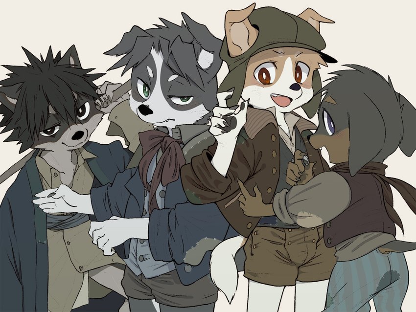 anthro bamboo bamboo_stick black_nose bottomwear claws clothing floppy_ears fur group hat headgear headwear jacket kemono looking_at_viewer male multicolored_body multicolored_fur patch_(fabric) scarf shorts topwear two_tone_body two_tone_fur victorian young young_anthro young_male dakuten tsubutekuro border_collie canid canine canis collie dachshund domestic_dog herding_dog hunting_dog mammal pastoral_dog sheepdog