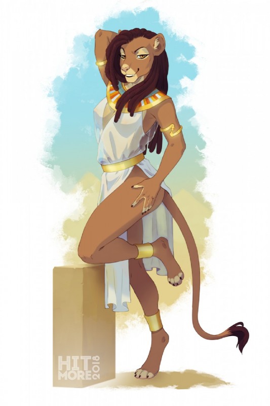 4_toes anklet anthro barefoot biped bottomwear breasts brown_body brown_eyes brown_fur claws clothed clothing dreadlocks feet female fur hair hindpaw jewelry loincloth looking_at_viewer navel pawpads paws pharaoh royalty simple_background skimpy smile solo tail tail_tuft teeth toe_claws toes tuft hitmore hakuna felid lion mammal pantherine 2018 digital_media_(artwork) hi_res