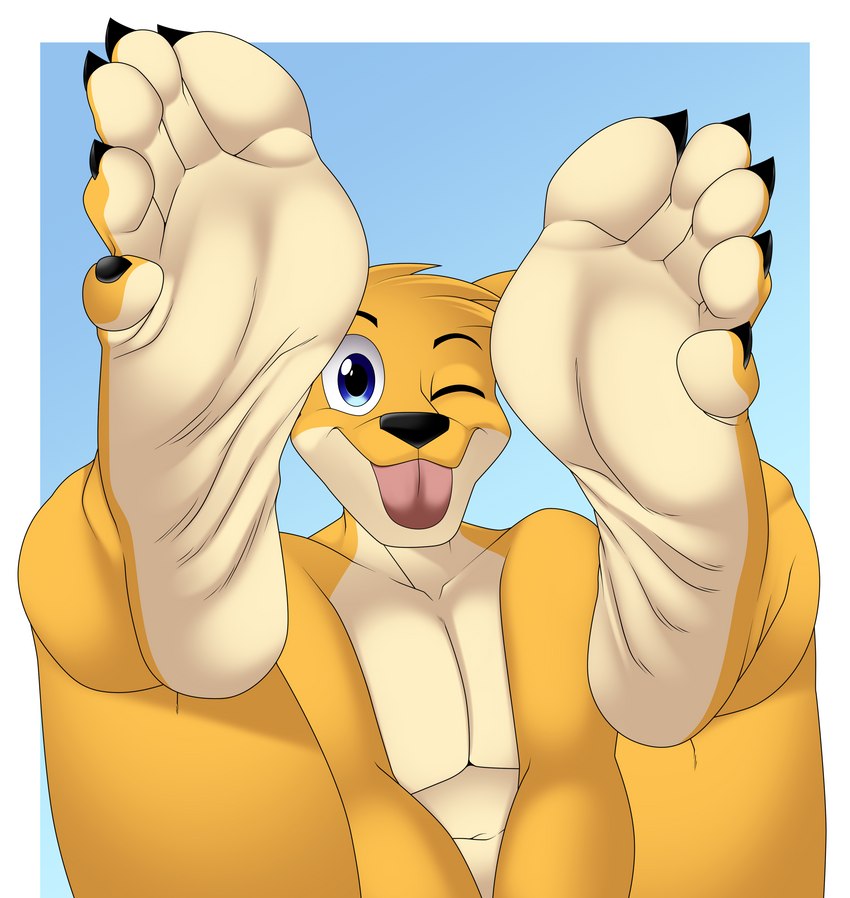 5_toes anthro feet foot_focus humanoid_feet male one_eye_closed plantigrade soles solo toes wink cyborg-steve wally_pembroke canid canine canis corgidor domestic_dog humanoid mammal mixed_breed absurd_res hi_res