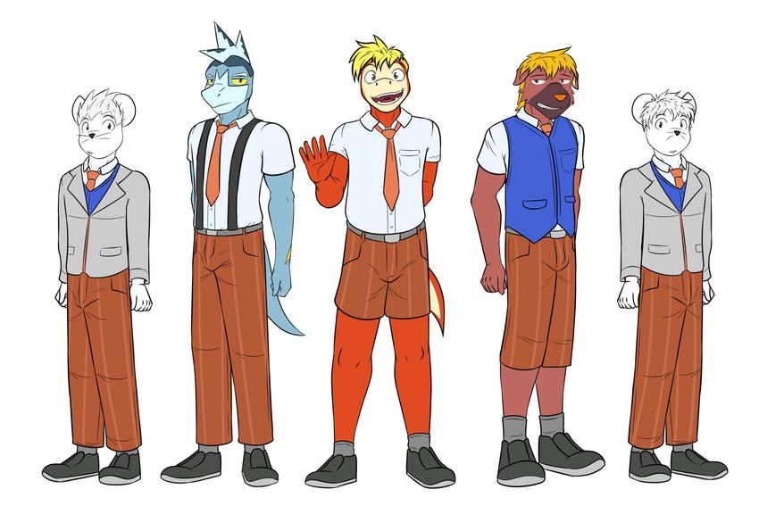 anthro anthrofied blazer bottomwear clothed clothing cosplay dress_shirt fully_clothed group male naranja_academy necktie orange_bottomwear orange_clothing orange_necktie orange_pants orange_shorts pants pokemorph school_uniform shirt shorts simple_background suspenders topwear uniform vest white_background fuze nintendo pokemon arturo_(fuze) florian_(pokemon) jawk_(fuze) arctibax fuecoco generation_9_pokemon maschiff pokemon_(species) tandemaus 3:2 hi_res