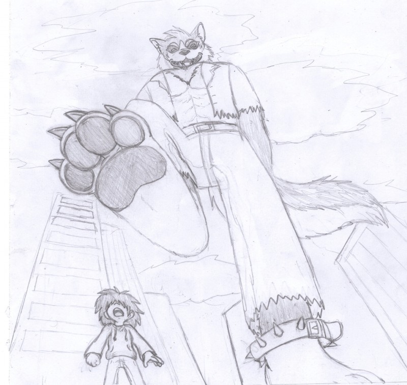 anthro duo low-angle_view macro male paws stomping summoner tokyo worm's-eye_view redboi lifewonders tokyo_afterschool_summoners blue_(redboi) garmr_(tas) canid canine canis domestic_dog mammal absurd_res graphite_(artwork) greyscale hi_res monochrome traditional_media_(artwork)