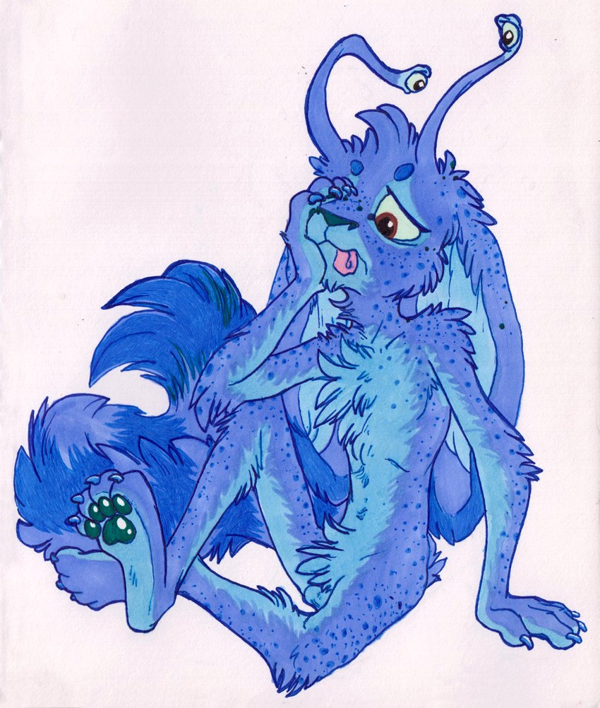 4_eyes 4_toes 5_fingers arm_tuft balls barely_visible_balls barely_visible_genitalia biped blue_body blue_fur blue_pawpads brown_eyes cheek_tuft chest_tuft circle_eyebrows claws collarbone countershade_arms countershade_face countershade_feet countershade_fur countershade_legs countershade_torso countershading crossed_ankles crotch_tuft dipstick_ears ear_markings elbow_tuft eyebrows eyestalks facial_tuft feet finger_claws fingers floppy_ears fluffy fluffy_tail frown fur genitals green_sclera half-closed_eyes hand_on_face head_tuft inner_ear_fluff knee_tuft leg_tuft long_ears long_tail lop_ears male markings multi_eye multicolored_ears narrowed_eyes neck_tuft nude pawpads paws plantigrade shoulder_tuft simple_background sitting skinny skinny_male soles solo spots spotted_body spotted_fur standalone_balls striped_markings striped_tail stripes tail tail_markings toe_claws toes tongue tongue_out tuft littlestfuzz tobi_(littlestfuzz) mammal absurd_res hi_res marker_(artwork) traditional_media_(artwork)