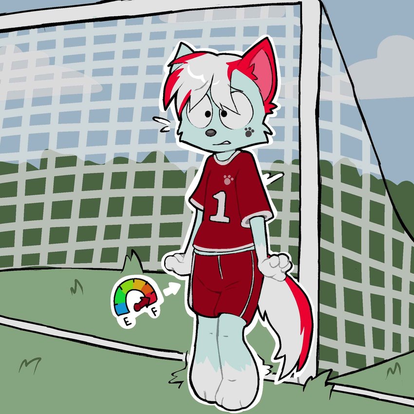 anthro ball blue_body blue_fur bottomwear clothed clothing cloud desperation feet fully_clothed fur grass grey_hair hair male multicolored_body multicolored_fur omorashi outside plant red_body red_fur red_hair shirt shorts sky soccer soccer_ball soccer_net soccer_uniform solo sport sportswear topwear unconscious uniform worried young 4hazelstreet canid canine mammal 1:1 hi_res