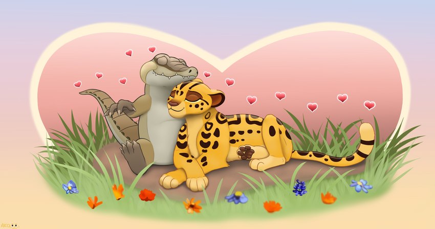 fandom female feral grass heart_symbol love male male/female plant romantic simple_background alcosaurusrex disney mwendothecheetah the_lion_king alco_(alcosaurusrex) opela_(mwendo) cheetah crocodile crocodilian felid felidae feline felis king_cheetah mammal reptile scalie absurd_res digital_media_(artwork) hi_res