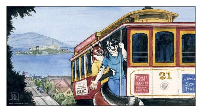 anthro border cable_tram city cityscape detailed_background duo female fishermans_wharf high_place hill king_of_the_world male outside public_transportation rail_transit romantic romantic_couple san_francisco sky steep tail tram travel united_states_of_america urban_rail_transit vehicle white_border conditional_dnp tani_da_real alcatraz nightfox tanidareal_(character) canid canine canis felid fox hybrid mammal pantherine snow_leopard wolf 2010 painting_(artwork) traditional_media_(artwork) watercolor_(artwork)