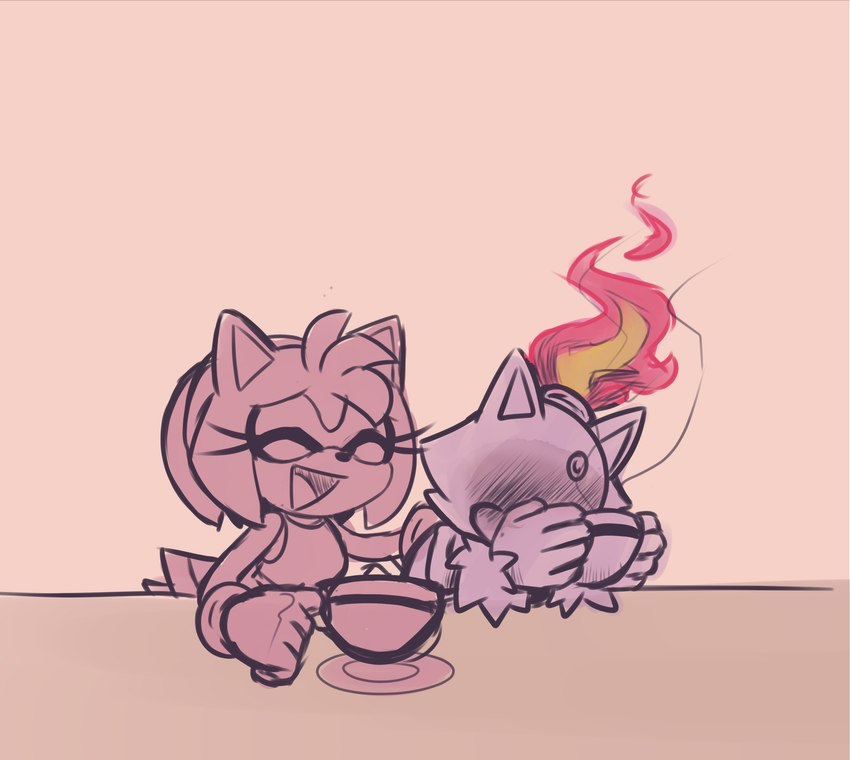 anthro beverage blush clothing duo eyes_closed female gloves handwear simple_background smile tail karl0 sega sonic_the_hedgehog_(series) amy_rose blaze_the_cat domestic_cat eulipotyphlan felid feline felis hedgehog mammal absurd_res hi_res