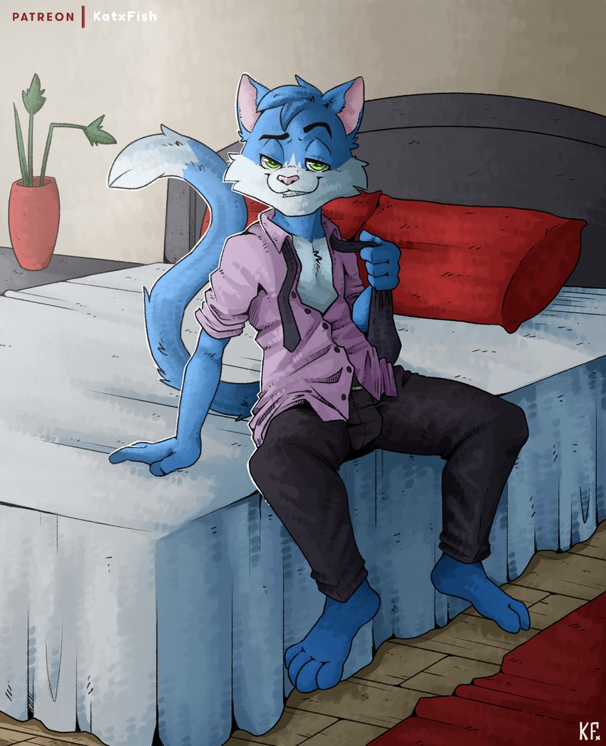 4_fingers 4_toes anthro barefoot bed bedroom bedroom_eyes black_bottomwear black_clothing black_eyebrows black_necktie black_pants blue_body blue_fur bottomwear clothed clothed_anthro clothed_male clothing dreamworks_smirk eyebrows feet fingers flirting flirting_with_viewer fully_clothed fully_clothed_anthro fully_clothed_male fur furniture green_eyes grin grinning_at_viewer inside looking_at_viewer male multicolored_body multicolored_fur narrowed_eyes necktie on_bed pants pillow pink_inner_ear pink_nose plantigrade pose purple_clothing purple_shirt purple_topwear raised_eyebrow seductive shirt sitting sitting_on_bed smile smiling_at_viewer solo tail toes topwear two_tone_body two_tone_fur undressing white_body white_fur white_sclera katxfish aletails_saru domestic_cat felid feline felis mammal absurd_res full-length_portrait hi_res pinup portrait