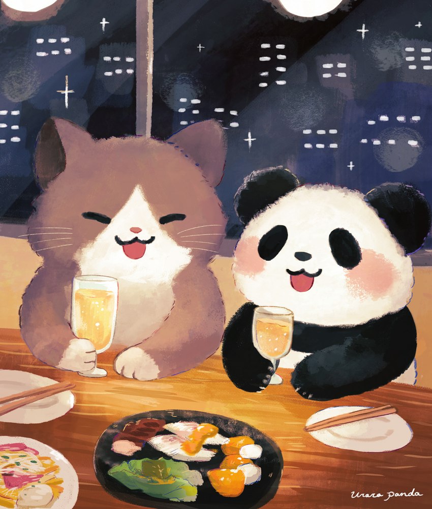 biped black_body black_nose brown_body chibi detailed_background duo eyes_closed feral food inside night open_mouth pink_nose white_body araru bear domestic_cat felid feline felis giant_panda mammal 2024 hi_res