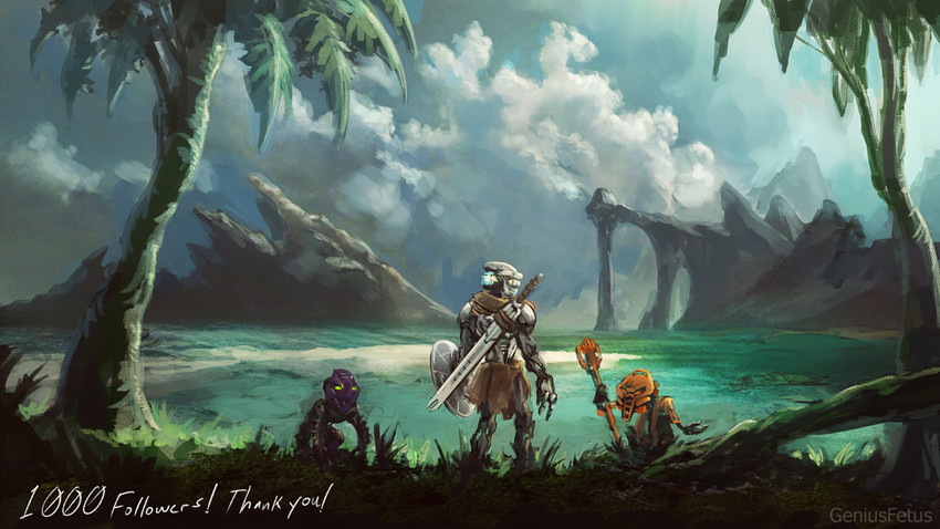 ambiguous_gender armor beach black_body clothing cloud detailed_background fingers forest grass green_eyes group holding_object holding_weapon island machine mask melee_weapon mountain multicolored_body not_furry orange_body orange_eyes outside palm_tree plant purple_body rear_view sand scenery sea seaside shield sky skyscape staff standing sword text tree two_tone_body water weapon white_body kory_cromie bionicle lego kopaka onepu_(bionicle) vakama biomechanical humanoid matoran toa turaga cloudy_(disambiguation) 16:9 digital_drawing_(artwork) digital_media_(artwork) english_text widescreen