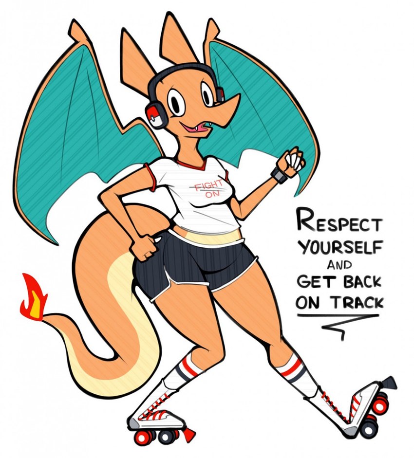 anthro belly blue_wings bottomwear clock clothed clothing dolphin_shorts electronics female fist fully_clothed headphones hotpants looking_at_viewer midriff motivational_poster open_mouth orange_body orange_skin pants pose quad_skates roller_skates shirt shorts simple_background slightly_chubby slightly_chubby_anthro slightly_chubby_female smile solo tail text text_on_clothing text_on_shirt text_on_topwear topwear watch white_background wings yellow_belly aimbot-jones mythology nintendo pokemon valentina_(aimbot-jones) charizard dragon generation_1_pokemon mythological_creature mythological_scalie pokemon_(species) scalie 2018 english_text hi_res