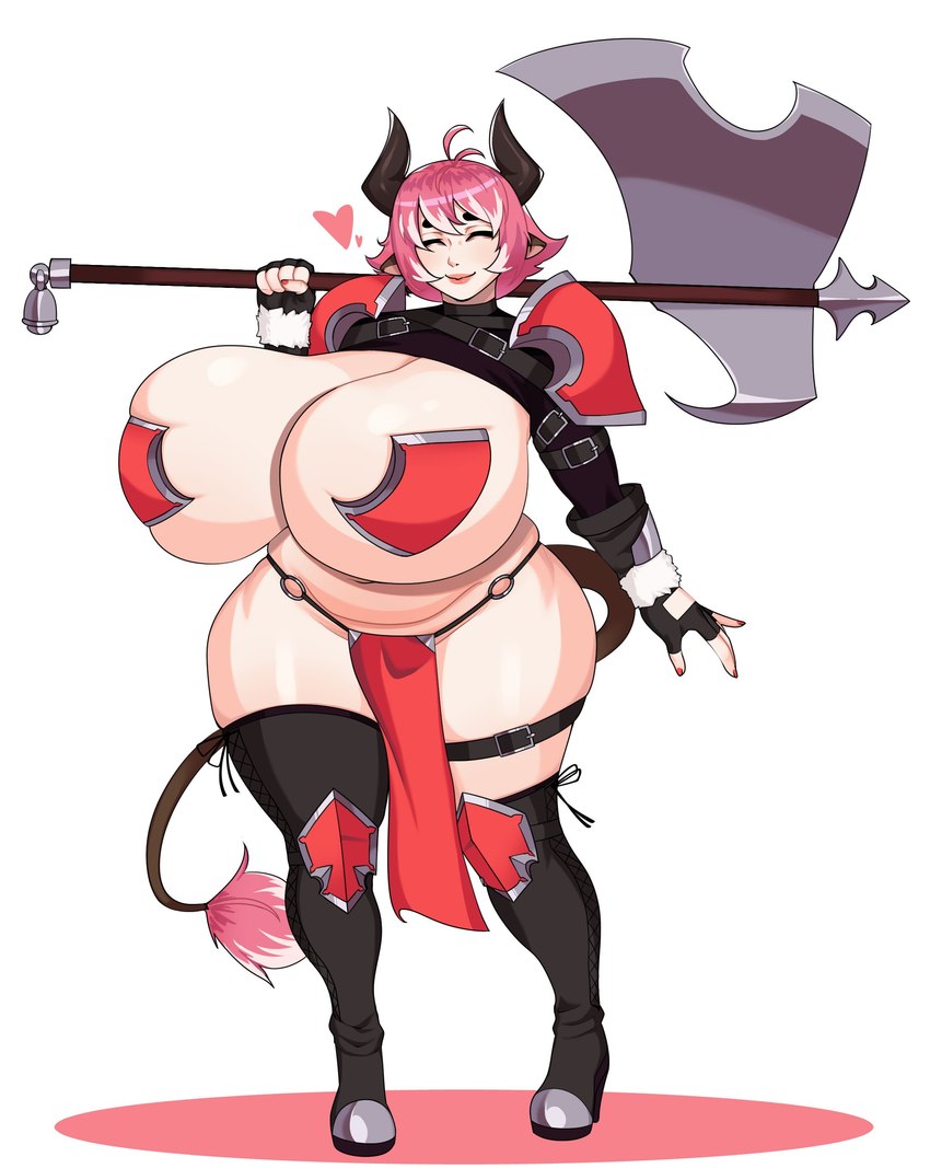 armor axe big_breasts black_horn blonde_hair bottomwear breasts brown_ears clothing curvy_figure female fingerless_gloves gloves greataxe hair handwear holding_axe holding_object horn huge_breasts loincloth metal_pasties nipple_armor pasties pink_hair pink_tail_tuft shoulder_armor simple_background skindentation solo tail tail_tuft thick_thighs tuft unconvincing_armor voluptuous weapon_on_shoulder white_background wide_hips strongmoist animal_humanoid bovid bovid_humanoid bovine bovine_humanoid cattle_humanoid horned_humanoid humanoid mammal mammal_humanoid tailed_humanoid absurd_res full-length_portrait hi_res portrait