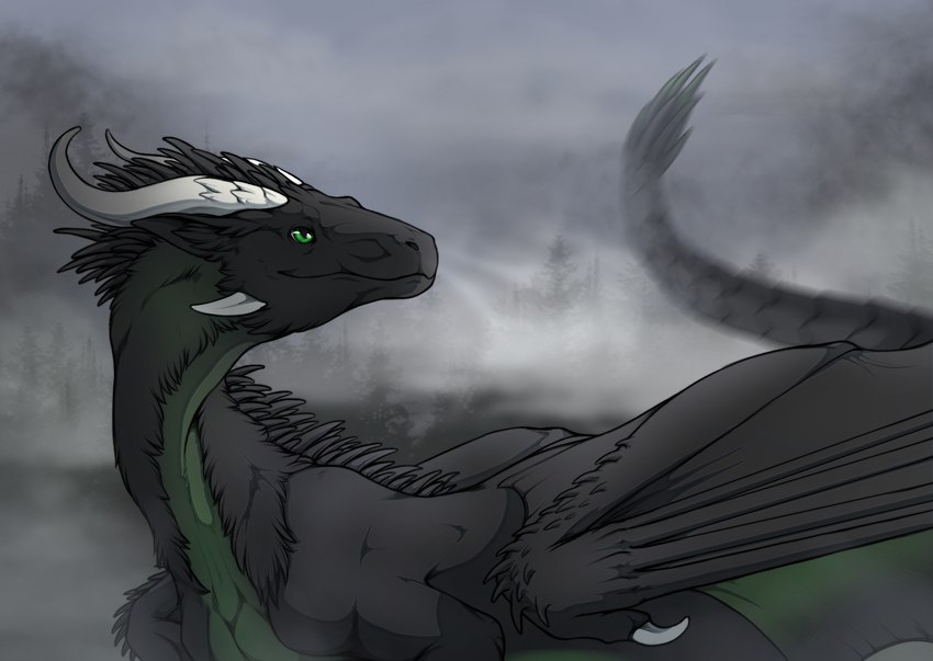 black_body black_fur detailed_background feral fur green_eyes horn male membrane_(anatomy) membranous_wings solo tail white_horn wings flamingtitania mythology gareth_emlegthross dragon furred_dragon furred_scalie mythological_creature mythological_scalie scalie hi_res