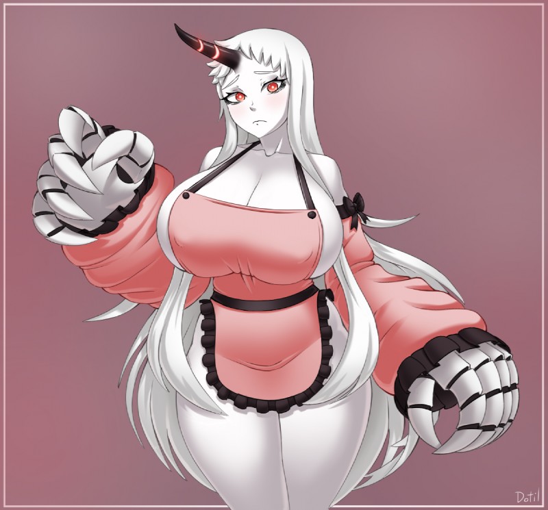 apron apron_only big_breasts big_forearms blush breasts cleavage clothed clothing female forearms horn huge_breasts mostly_nude nipple_outline not_furry solo dotil kantai_collection harbour_princess abyssal_(kancolle) horned_humanoid humanoid shinkaisei-kan