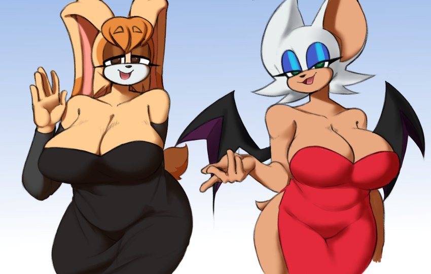 anthro big_breasts biped breasts cleavage clothed clothing dress duo female female_anthro fur gesture green_eyes hair looking_at_viewer mature_anthro mature_female membrane_(anatomy) membranous_wings orange_body orange_hair simple_background tan_body thick_thighs waving waving_at_viewer white_body white_fur wings rottenarmor sega sonic_the_hedgehog_(series) rouge_the_bat vanilla_the_rabbit bat lagomorph leporid mammal rabbit hi_res