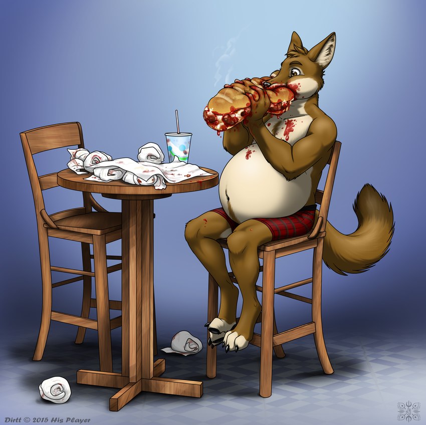 anthro belly belly_overhang body_hair brown_body brown_eyes brown_fur chair clothing eating food fur furniture happy_trail inflation male meatball messy_eater navel overweight sandwich_(food) solo stuffing submissive table trash underwear duo_radon squeakie dirtt canid canine canis coyote mammal 2015 absurd_res hi_res