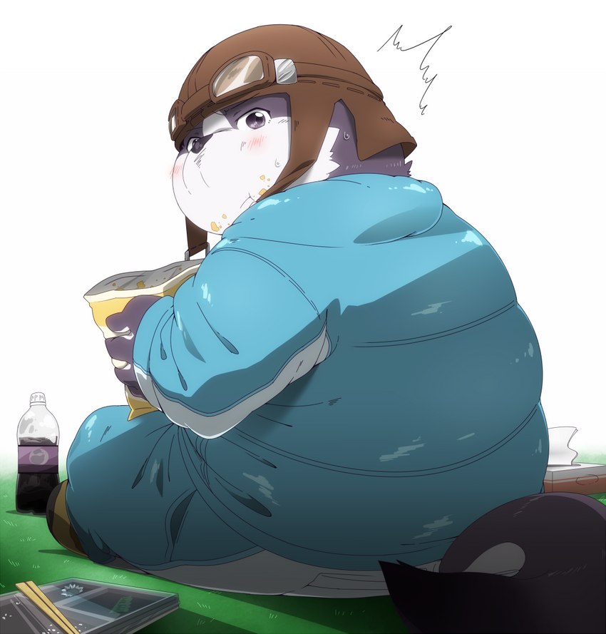 anthro biped black_nose blush bottomwear clothing eating food hat headgear headwear humanoid_hands kemono overweight pants purple_body sitting solo white_body hinami tera_online popori 2013 unavailable_at_source