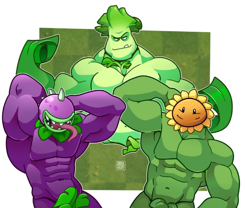 alternate_species barazoku bok_choy carnivorous_plant flower food green_body green_skin group humanoidized male muscular muscular_male not_furry one_tooth pecs plant purple_body purple_skin sunflower vegetable tehbluebubble electronic_arts plants_vs._zombies popcap_games bonk_choy carnivorous_plant_humanoid chomper_(pvz) elemental_creature elemental_humanoid flora_fauna flower_creature flower_humanoid food_creature food_humanoid humanoid living_vegetable plant_humanoid sunflower_(pvz) vegetable_humanoid