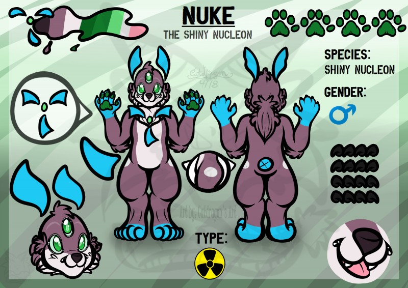 3_eyes ambiguous_gender anthro green_eyes hazard_symbol multi_eye nuclear pawpads radiation_symbol smile solo symbol catdragon7 fakemon pokemon_uranium fan_character nuke_the_nucleon fakeveelution nucleon_(fakemon) shiny_fakemon absurd_res hi_res model_sheet