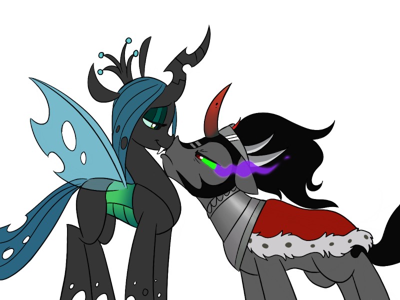 armor black_hair cape clothing crown duo eyeshadow fangs female feral green_eyes green_eyeshadow hair headgear hole_(anatomy) horn insect_wings makeup male quadruped red_eyes simple_background smoking_eyes tail teeth white_background wings mickeymonster friendship_is_magic hasbro my_little_pony king_sombra_(mlp) queen_chrysalis_(mlp) arthropod changeling equid mammal 2013 4:3