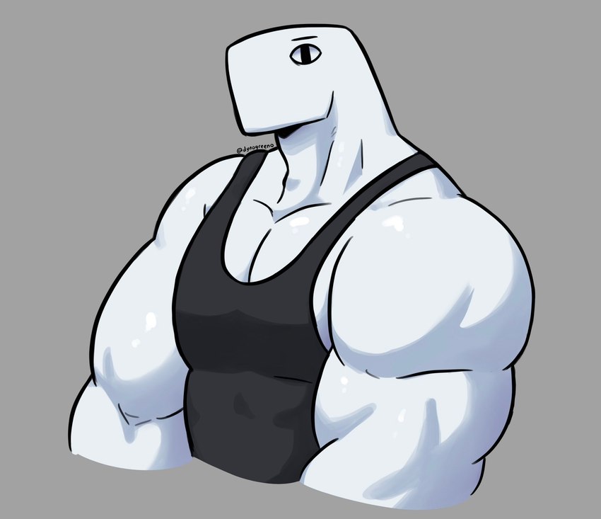 anthro black_clothing black_topwear clothing male muscular muscular_anthro muscular_male shirt simple_background solo tank_top tired_eyes topwear dynogreeno largo_(dynogreeno) dinosaur prehistoric_species reptile scalie hi_res