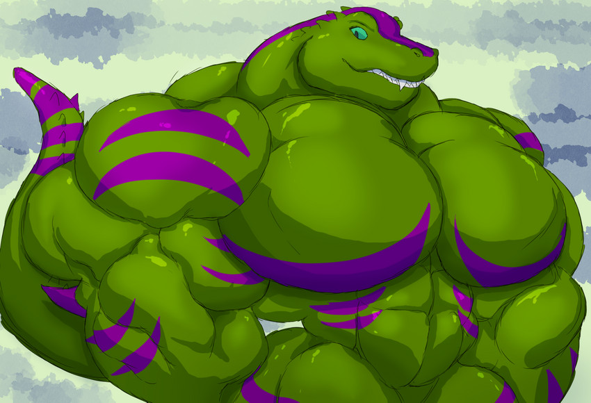 anthro big_muscles big_pecs blue_eyes fangs featureless_crotch green_body green_skin grin huge_muscles huge_pecs hyper hyper_muscles looking_at_viewer male markings muscular muscular_anthro muscular_male nude pecs purple_markings sharp_teeth smile solo teeth panscolipede anvil_(crocodile) crocodile crocodilian reptile scalie 2020 hi_res