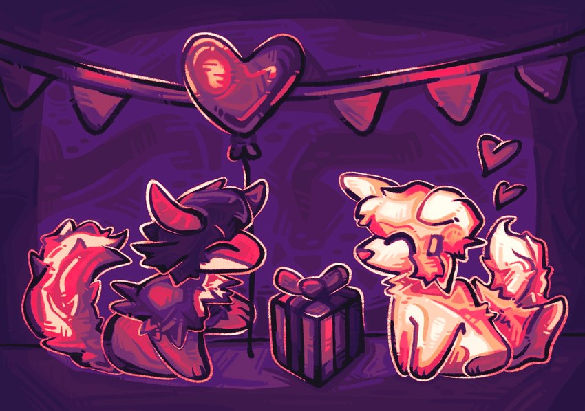 anniversary anthro balloon chibi duo gift heart_symbol holidays inflatable intersex intersex/male male party smile olifawn mythology valentine's_day canid canine dragon mammal mythological_creature mythological_scalie scalie hi_res