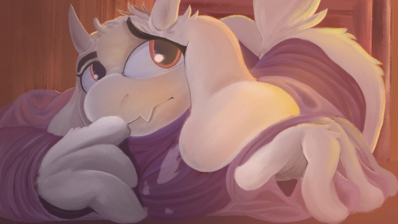 anthro butt clothed clothing female fur furniture horn simple_background smile solo table thinking thoughtful_expression white_body white_fur sapple undertale undertale_(series) toriel boss_monster_(undertale) bovid caprine mammal 16:9 2017 digital_media_(artwork) hi_res widescreen