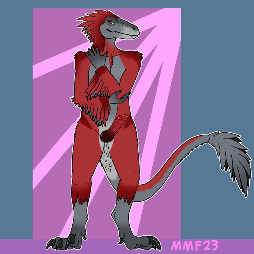 anthro feathers feet knot looking_at_viewer male solo standing talons toes mechanical_monster_factory dinosaur dromaeosaurid prehistoric_species pyroraptor reptile scalie theropod 1:1 absurd_res hi_res