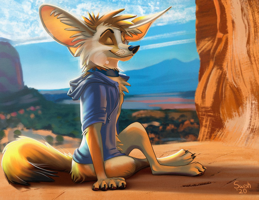 4_toes 5_fingers anthro day detailed_background eyes_closed feet fingers male outside sky smile solo toes swish canid canine fennec_fox fox mammal true_fox 2020 digital_media_(artwork)