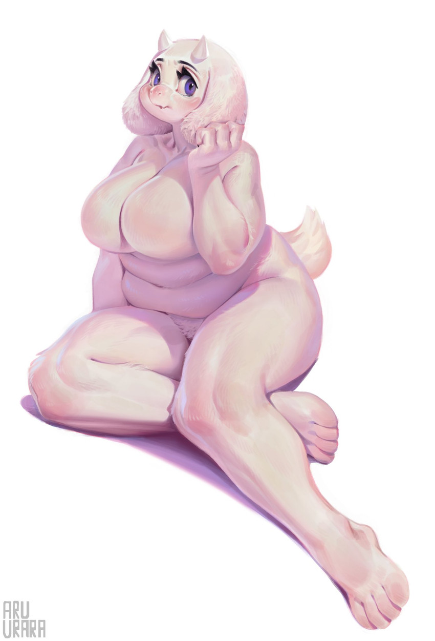 4_toes anthro big_breasts blue_eyes blush breasts detailed_fur featureless_breasts featureless_crotch feet female fur horn kemono looking_at_viewer mature_anthro mature_female nude simple_background sitting slightly_chubby solo toes white_background white_body white_fur aruurara undertale undertale_(series) toriel bovid caprine goat mammal 2020 detailed digital_media_(artwork) full-length_portrait hi_res portrait signature