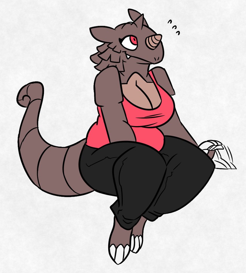 anthro big_breasts black_bottomwear black_clothing black_pants bottomwear breasts brown_body cleavage clothed clothing emanata facial_horn fangs female horn nose_horn pants pink_clothing pink_shirt pink_topwear red_eyes shirt simple_background sitting sleeveless_shirt smile solo tail teeth thick_tail topwear white_background nerdyreindeer nintendo pokemon generation_1_pokemon pokemon_(species) rhydon 2022