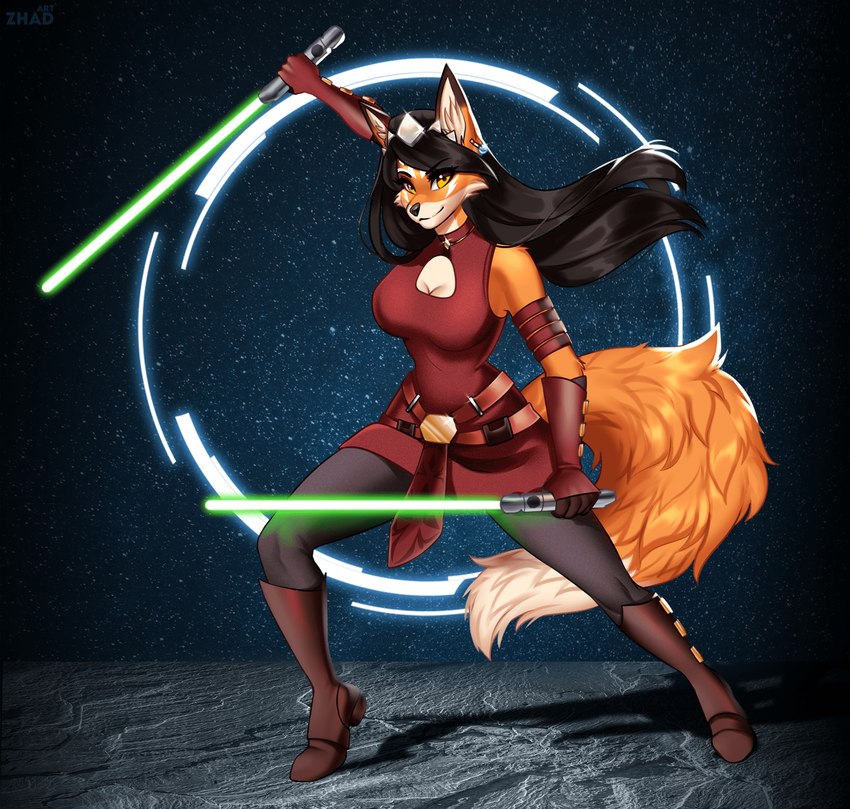 action_pose anthro armband belt black_hair black_nose boots breasts choker clothing cosplay dipstick_ears dipstick_tail dual_wielding ear_markings ear_piercing eyebrows eyelashes facial_markings female footwear fur gloves green_lightsaber hair handwear head_markings holding_object holding_weapon inner_ear_fluff jewelry lightsaber long_hair looking_at_viewer markings melee_weapon multicolored_ears necklace orange_body orange_fur piercing pose red_clothing shoes solo tail tail_markings tan_body tan_fur tuft weapon yellow_eyes zhadart star_wars ahsoka_tano cynthia_saito canid canine fox mammal 2023 hi_res