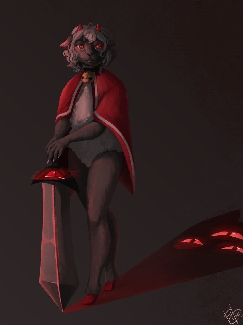 anthro bell bell_collar cape claws clothing collar demon_eyes ears_down female fur grey_body grey_fur hair hand_holding_object hand_on_sword hooves horizontal_pupils horn looking_at_viewer melee_weapon pivoted_ears pupils red_cape red_clothing red_eyes shadow short_hair short_horn simple_background small_horn smile smiling_at_viewer solo sword text weapon white_hair wool_(fur) fikanori cult_of_the_lamb massive_monster_(studio) lamb_(cult_of_the_lamb) red_crown_(cult_of_the_lamb) bovid caprine mammal sheep 2022 digital_drawing_(artwork) digital_media_(artwork) digital_painting_(artwork) hi_res watermark