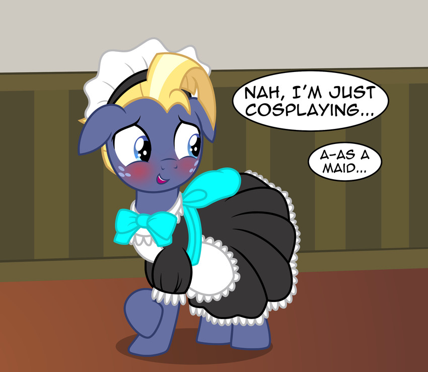 blonde_hair blue_eyes blush bow_(feature) clothed clothing cosplay crossdressing crossplay cutie_mark dialogue embarrassed freckles hair inside looking_at_viewer looking_away maid_apron maid_hat maid_headdress maid_uniform male pose shy solo text uniform badumsquish friendship_is_magic hasbro my_little_pony star_tracker_(mlp) equid equine horse mammal pony english_text hi_res