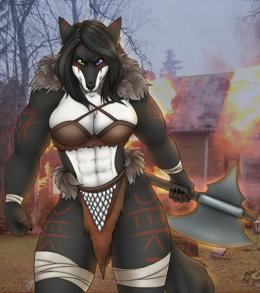 abs anthro arm_markings athletic athletic_anthro athletic_female axe barbarian big_breasts biped black_body black_fur black_hair black_nose blue_eyes bodypaint bottomwear bra breasts building burning burning_building claws cleavage clothed clothing countershade_face countershade_torso countershading facial_markings female fire fur fur_trim_(clothing) green_eyes hair hand_markings head_markings heterochromia holding_axe holding_object holding_weapon leg_markings leg_wraps loincloth long_hair looking_at_viewer markings melee_weapon multicolored_body multicolored_fur muscular muscular_anthro muscular_female navel outside solo thigh_markings two_tone_body two_tone_fur underwear war_paint warrior weapon white_body white_fur wraps wrist_wraps biohazardcreature cerine_(vulpinehero) canid canine fox mammal 2017 digital_media_(artwork) hi_res