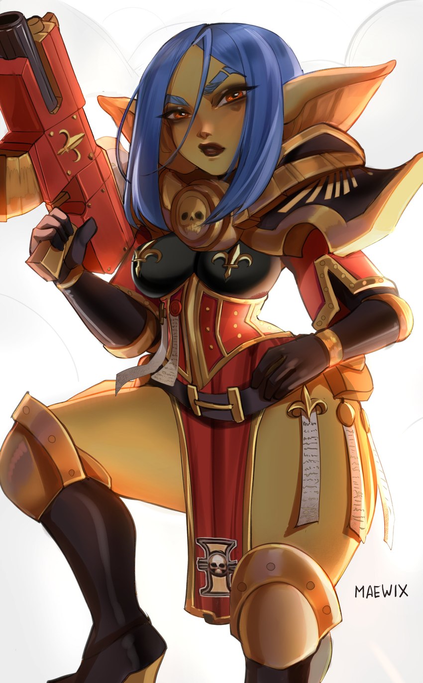 4_fingers adepta_sororitas amber_eyes armor armwear belt blue_hair bolter boob_armor boots bottomwear breasts clothing corset cosplay elbow_gloves eyebrows eyelashes female fingers footwear gloves green_body green_skin gun hair hand_on_hip handwear heart_mole holding_gun holding_object holding_ranged_weapon holding_weapon humanoid_pointy_ears knee_boots knee_highs legwear lingerie lipstick loincloth looking_at_viewer makeup markings medium_breasts mole_(marking) not_furry pauldron pointy_ears pouch_(clothing) ranged_weapon shoes short_hair solo topwear weapon maewix_(artist) warhammer_(franchise) warhammer_40000 rissma_(maewix) sister_of_battle goblin gretchin humanoid 2022 absurd_res artist_name hi_res