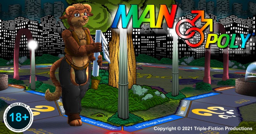 anthro biped black_bottomwear black_clothing black_pants board_game bottomwear brown_body brown_fur brown_hair brown_markings brown_tail building bulge clothed clothing copyright_symbol detailed_bulge facial_piercing for_sale_sign fountain fur fur_markings gender_symbol genital_outline gloves_(marking) grass hair holding_object holding_sign hooves horn interrogation looking_at_viewer male male/male_symbol male_symbol markings multicolored_body multicolored_fur nature night nose_piercing nose_ring outline outside pants penis_outline piercing plant ring ring_piercing rock sexuality_symbol sign skimpy skyscraper smile smiling_at_viewer solo standing street_lamp symbol tail text title tree two_tone_body two_tone_fur walking water kitsune_youkai bovid bovine cattle mammal 2021 dated digital_media_(artwork) english_text french_text shaded