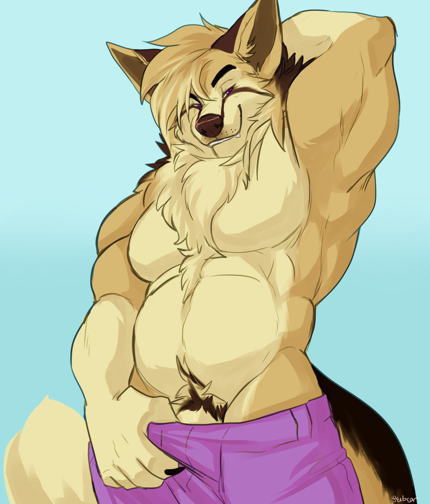 anthro biceps chest_tuft clothed clothing genitals looking_at_viewer male penis penis_base pubes purple_eyes smile solo topless triceps tuft seibear osiris_henschel blanford's_fox canid canine fox mammal true_fox hi_res