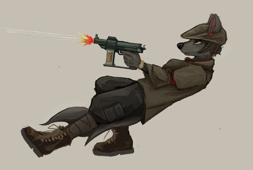 accessory action_pose angry anthro armband battle bottomwear bracelet breasts cargo_pants clenched_teeth clock clothed clothing coat falling female fingers flat_cap flower flower_in_hair footwear fur grey_body grey_fur growling gun hair hair_accessory hat headgear headwear holding_gun holding_object holding_ranged_weapon holding_weapon jewelry legwear motion_lines pants plant pose ranged_weapon shirt shooting shooting_gun simple_background solo tail teeth topwear watch weapon anon2000000 canid canine canis domestic_dog mammal digital_media_(artwork) digital_painting_(artwork) hi_res