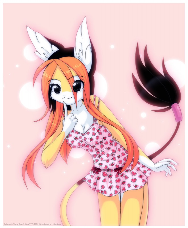 abstract_background anthro border breasts cleavage clothed clothing dress female finger_on_chin hair leaning leaning_forward long_hair long_tail orange_hair pattern_clothing pattern_dress pink_clothing pink_dress sidelocks smile solo standing tail tail_tuft tuft white_border luna777 taratsu_(character) mammal moondog 2011 hi_res restricted_palette