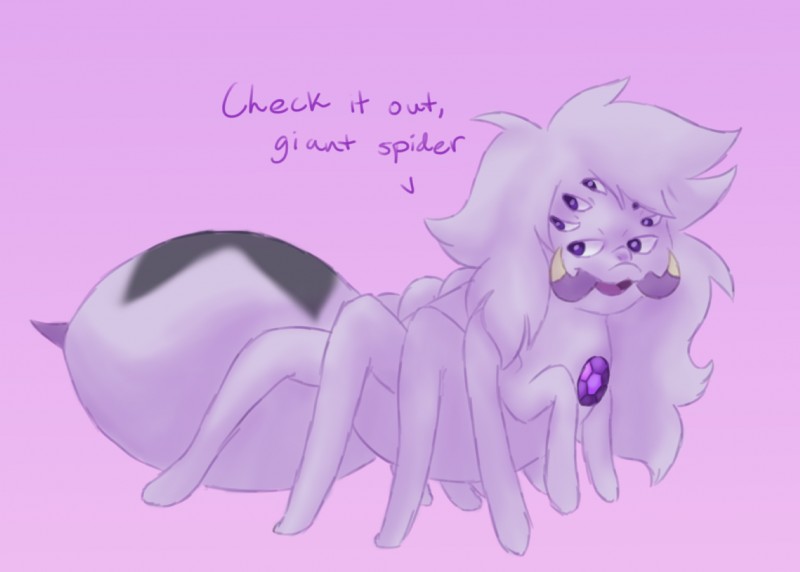 10_legs 8_eyes arthropod_abdomen dialogue gem hair long_hair multi_eye multi_leg multi_limb nude purple_background purple_body purple_hair simple_background solo text itoruna cartoon_network steven_universe amethyst_(steven_universe) amethyst_(gem_species) arachnid arthropod gem_(species) quartz_(gem_species) spider 2017 english_text hi_res